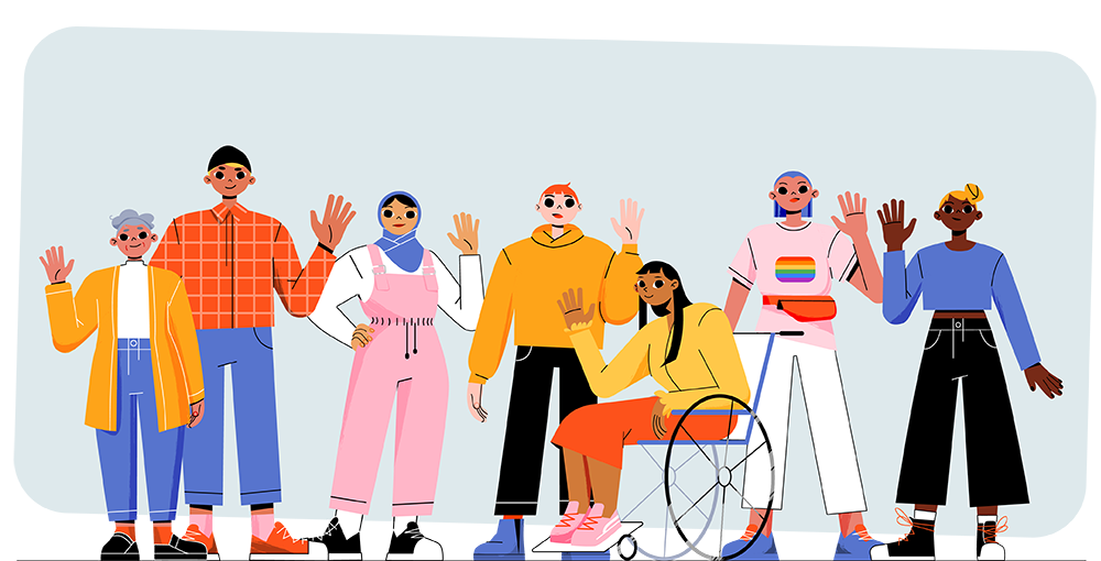 Unique-Grafik zum Thema Diversität Grafik Unique zum Thema Diversität, viele verschiedene Personen, mit verschiedenen Hautfarben, Geschlechtern und Einschränkungen stehen zusammen