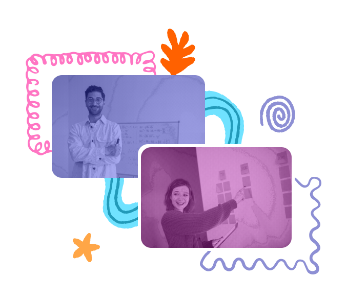 Unique-Grafik zum Thema Training Grafik Unique zum Thema Training, ein Mann und eine Frau stehen vor einer Tafel und lächeln in die Kamera